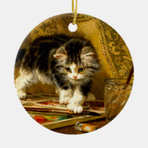 Kitten med färg och penslar julgransprydnad keramik