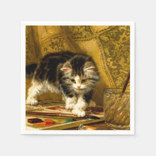 Kitten med färg och penslar pappersservett