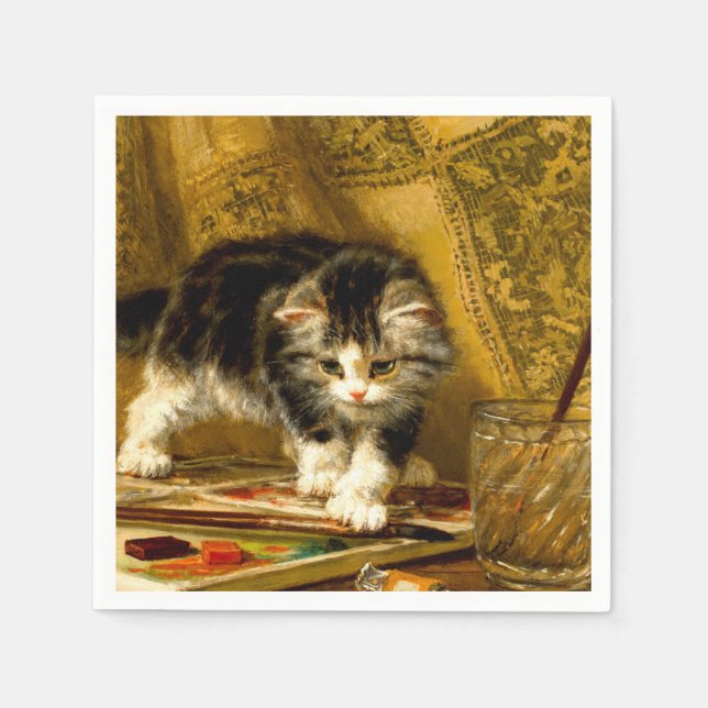 Kitten med färg och penslar pappersservett (Framsidan)