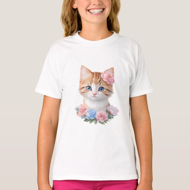 Kitten med Flowers Whimsical Kattdjur T Shirt (Framsida)