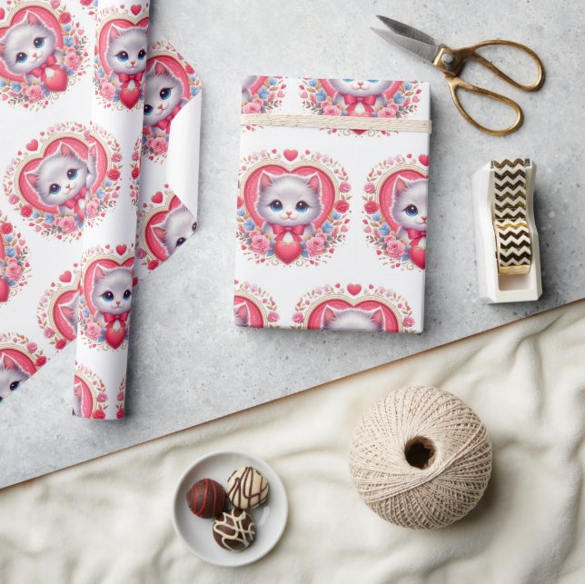 Kitten med Red Bow med romantiska Blommigtar Presentpapper (Hantverk)