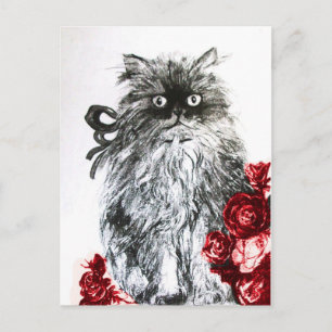KITTEN MED RÖD ROS, Svart och vitt Vykort