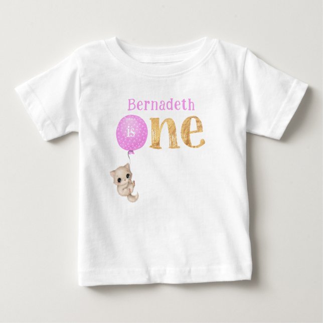 Kitten med Rosa Balloon 1:a födelsedag T Shirt (Framsida)