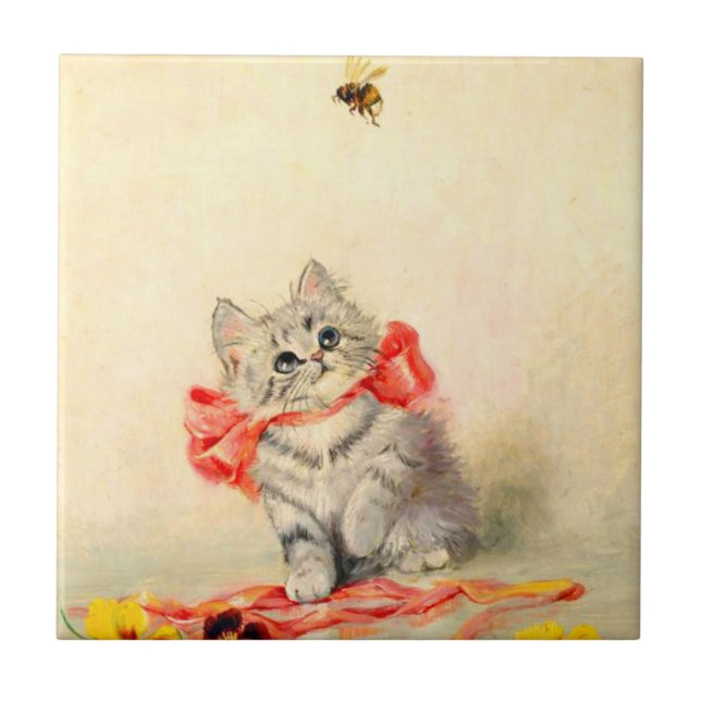 Kitten med rött band kakelplatta (Framsidan)