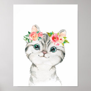 Kitten med Watercolor Flowers Art Skriv ut Poster