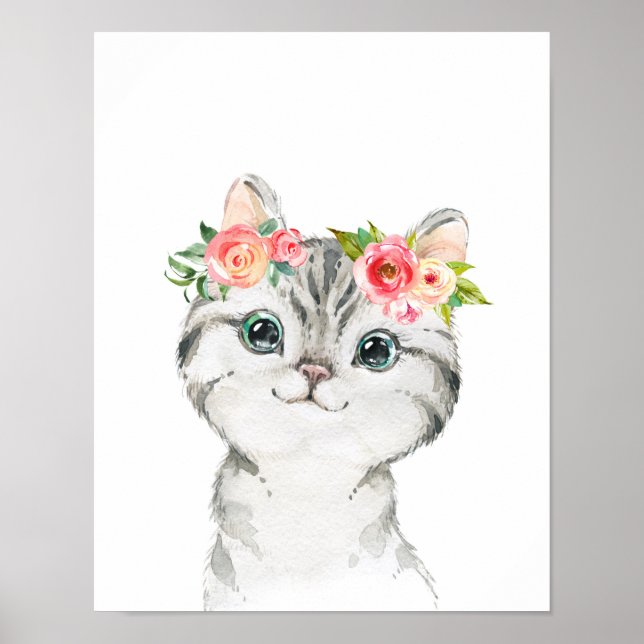 Kitten med Watercolor Flowers Art Skriv ut Poster (Framsidan)