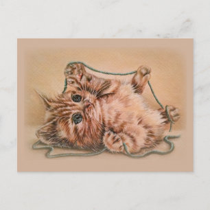 Kitten med Yarn teckning, illustration av kattkons Vykort