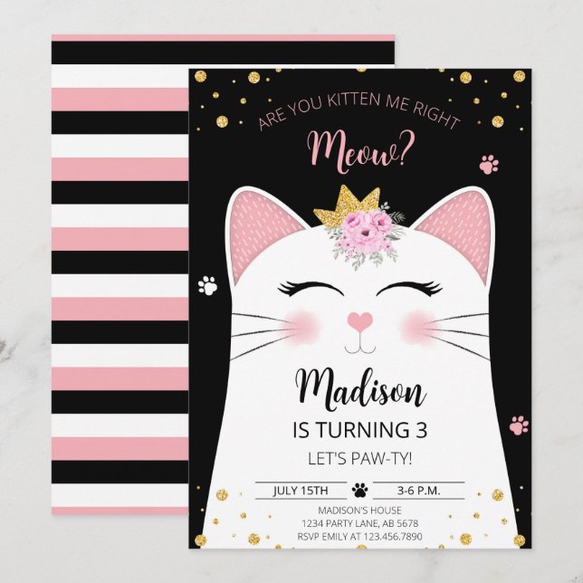 Kitten Meow Birthday Black Inbjudningar (Fram/baksida)