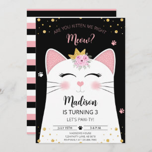 Kitten Meow Birthday Black Inbjudningar