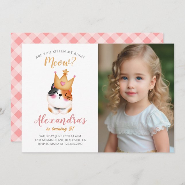Kitten Meow Rosa Krona Girl Girl Kattunge Birthday Inbjudningar (Fram/baksida)