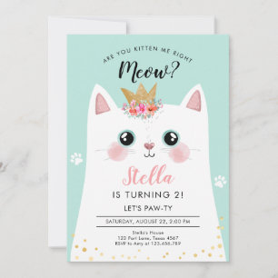 Kitten Meow Teal Krona Girl Kattunge Birthday Inbjudningar