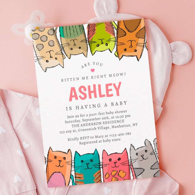 Kitten mig Höger Meow? Kattbabyskor Inbjudningar (Are you kitten me right meow baby shower invitation)