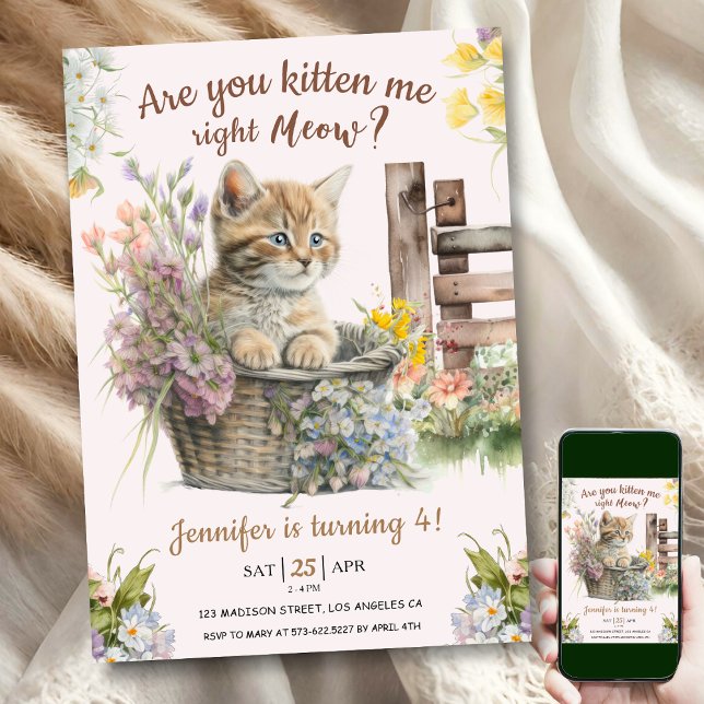 Kitten mig Höger nu Girl Cat 4e födelsedagen Inbjudningar (Skapare uppladdad)