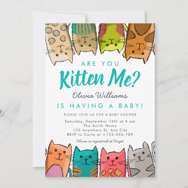 Kitten mig? Kattunge Neutralt Baby Shower Inbjudningar (Framsida)