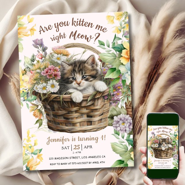 Kitten mig Meow? | Kattflicka 1:a födelsedagen Inbjudningar (Skapare uppladdad)