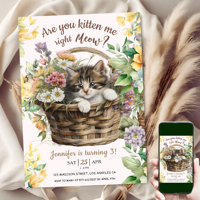 Kitten mig Meow? | Kattflicka 3:e födelsedagen Inbjudningar (Skapare uppladdad)