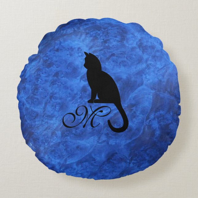 Kitten Monogram Sapphire Blue Rund Kudde (Framsidan)