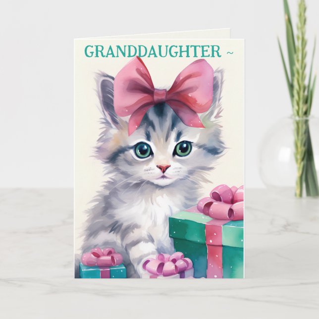 KITTEN n BOW GRANDDAUGHTER CHRISTMAS-KORT Tack Kort (Framsida)