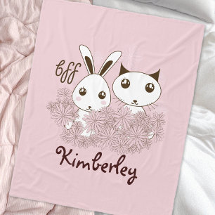 Kitten och Bunny Animal Friends Rosa Kids Girls Fleecefilt