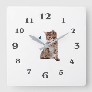 Kitten och Butterfly-bild för Square-Wall-Clock Fyrkantig Klocka