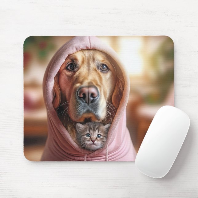 Kitten och Golden Retriever på en Rosa Hoodie Musmatta (Med mus)