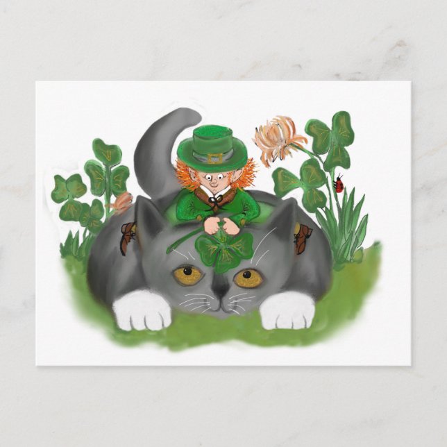 Kitten och Leprechaun Hitta en Fyrklöver Vykort (Framsida)
