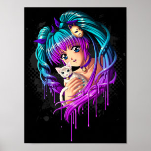 Kitten och Pigtail Manga Girl Poster