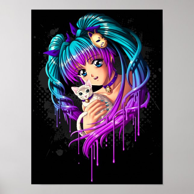 Kitten och Pigtail Manga Girl Poster (Framsidan)