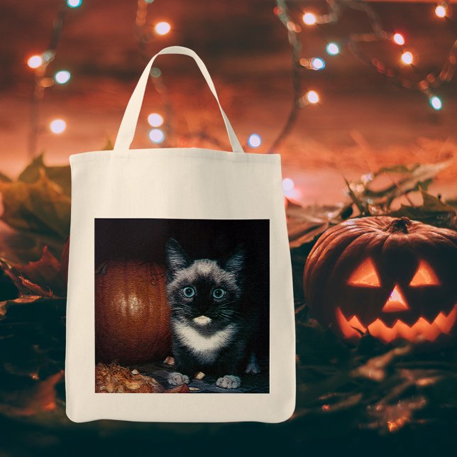 Kitten och Pumpkin för Halloween Tygkasse (Kitten and Pumpkin for Halloween Tote Bag)