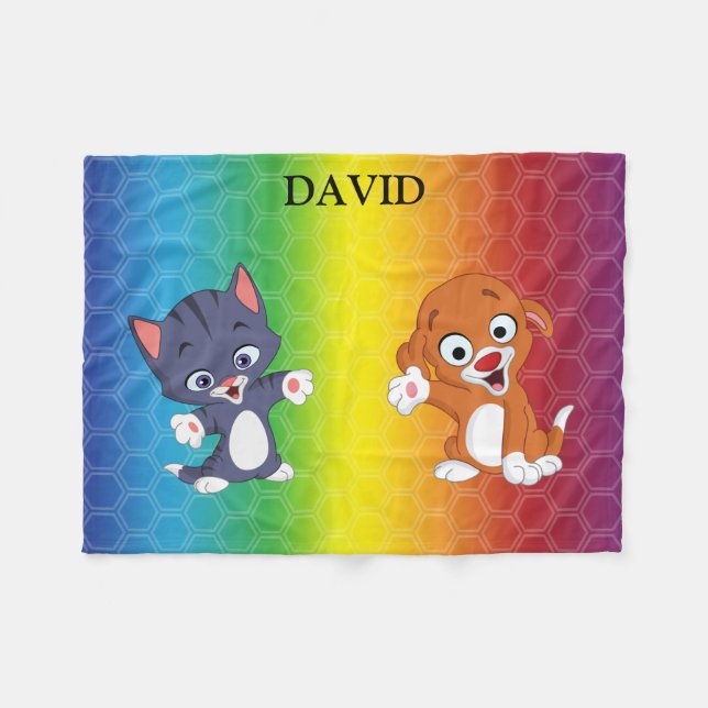 Kitten och Puppy Rainbow Fleece Blanket. (Framsidan (Horisontell))