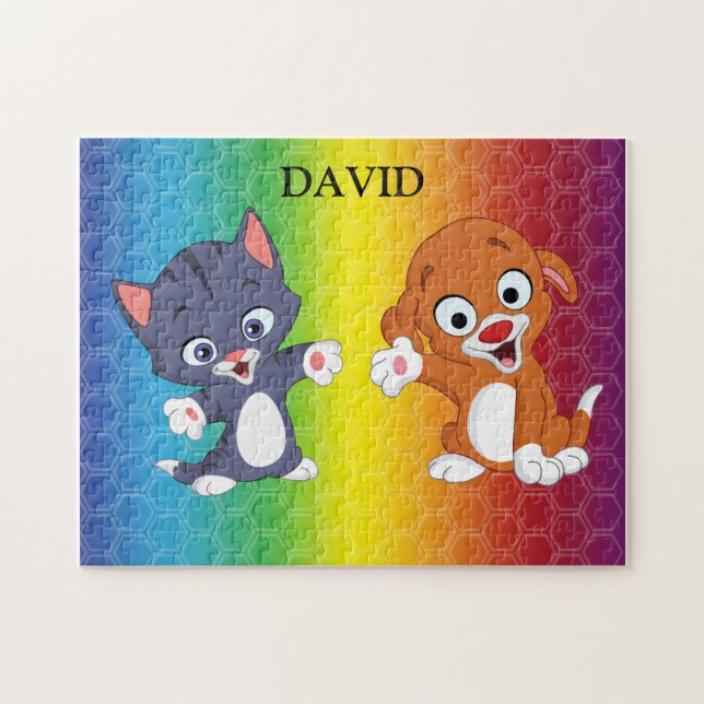 Kitten och Puppy Rainbow puzzle personlig. Pussel (Horisontell)