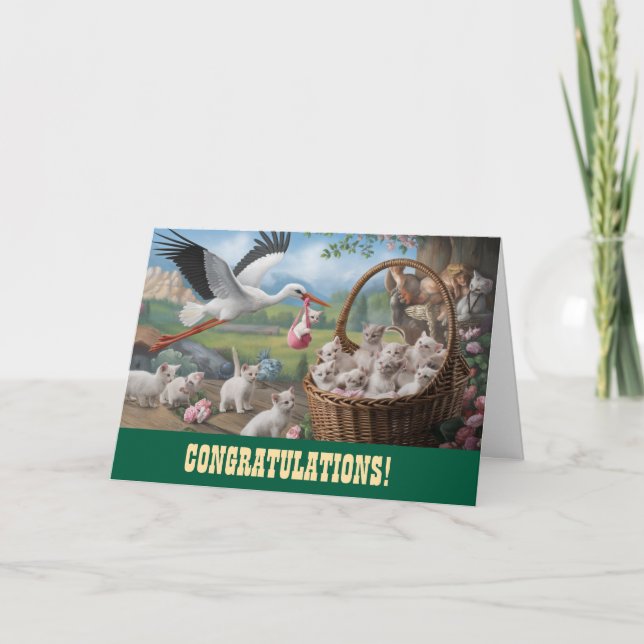 Kitten och Stork Nyfödd bebis Grattis Card Kort (Framsida)