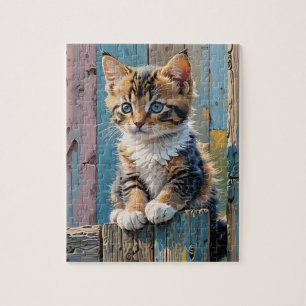 Kitten på Fence Jigszle Puzzle Pussel