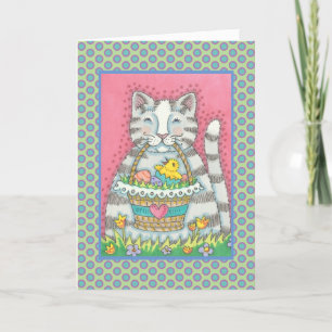 KITTEN & PÅSK BASKET, CAT GREETING CARD Verse Helgkort