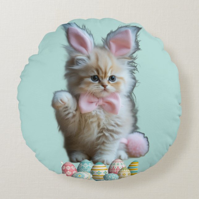 Kitten Photo Bunny Ears Blue  Rund Kudde (Framsidan)
