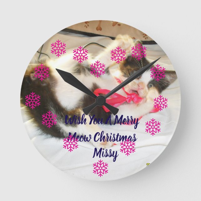 Kitten Photo Text Jingle Meows, Customize,  Rund Klocka (Framsida)