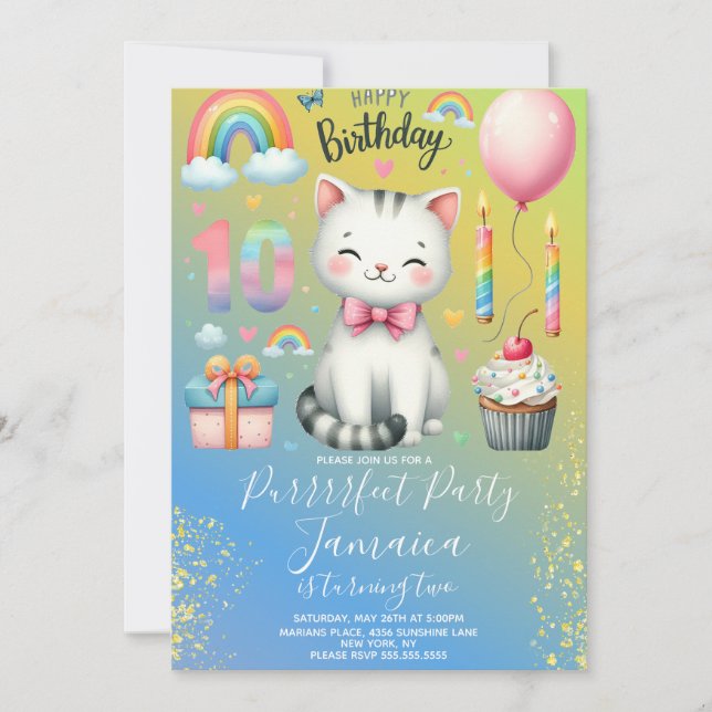 Kitten regnbågsfest för 10-årsdag inbjudningar (Framsida)