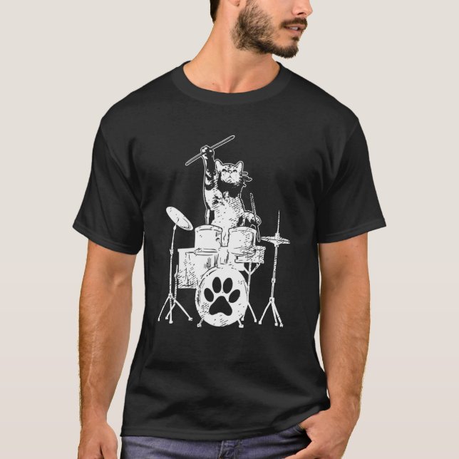 Kitten Rockstar Cat Spelar Drummer Drummer T Shirt (Framsida)
