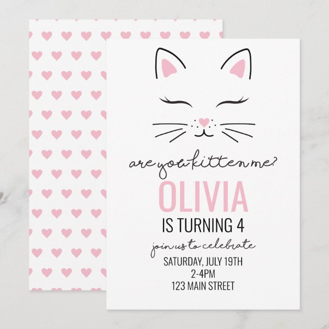 Kitten Rosa Hjärtans Födelsedag Inbjudningar (Fram/baksida)