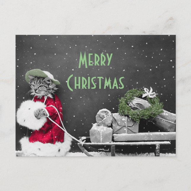 Kitten Santa och Sled från Paket Helg Vykort (Framsida)