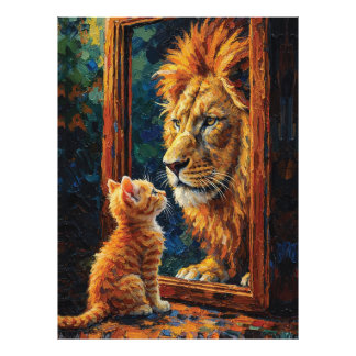 Kitten Seeing Lion Reflection Motivational Impasto Fototryck