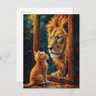 Kitten Seeing Lion Reflection Motivational Impasto Vykort