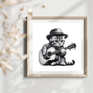 Kitten Shirt Hat Acoustic Guitar Pencil Porträtt Poster