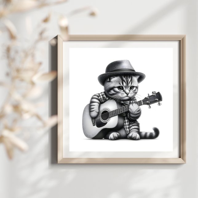Kitten Shirt Hat Acoustic Guitar Pencil Porträtt Poster (Skapare uppladdad)