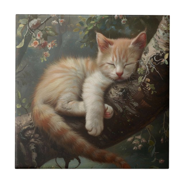 Kitten Sleeping in a Träd Vintage Kakelplatta (Framsidan)