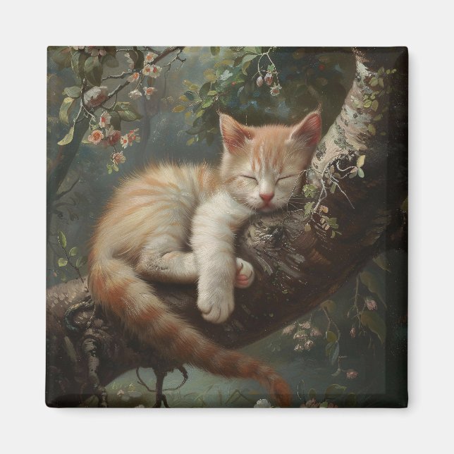 Kitten Sleeping in a Träd Vintage Magnet (Framsidan)