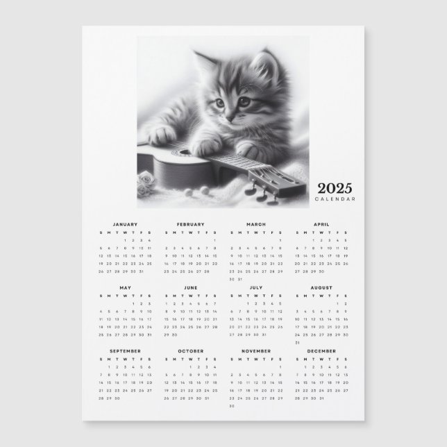 Kitten Snuggled med en Guitar 2025 Magnet Calendar (Framsida)