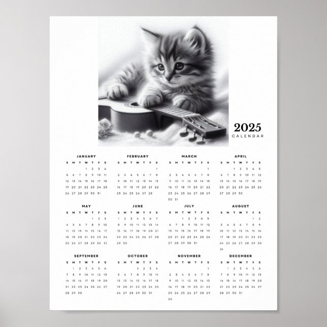 Kitten Snuggled med Guitar 2025 Calendar Poster (Framsidan)