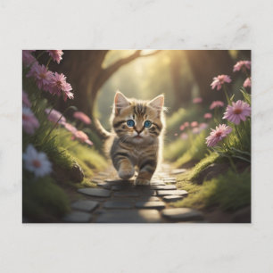 Kitten som går längs väg mellan blommor vykort