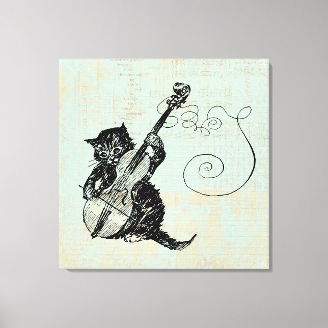 Kitten Spela Violin Teal Music Cat Illustration Canvastryck (Framsida)